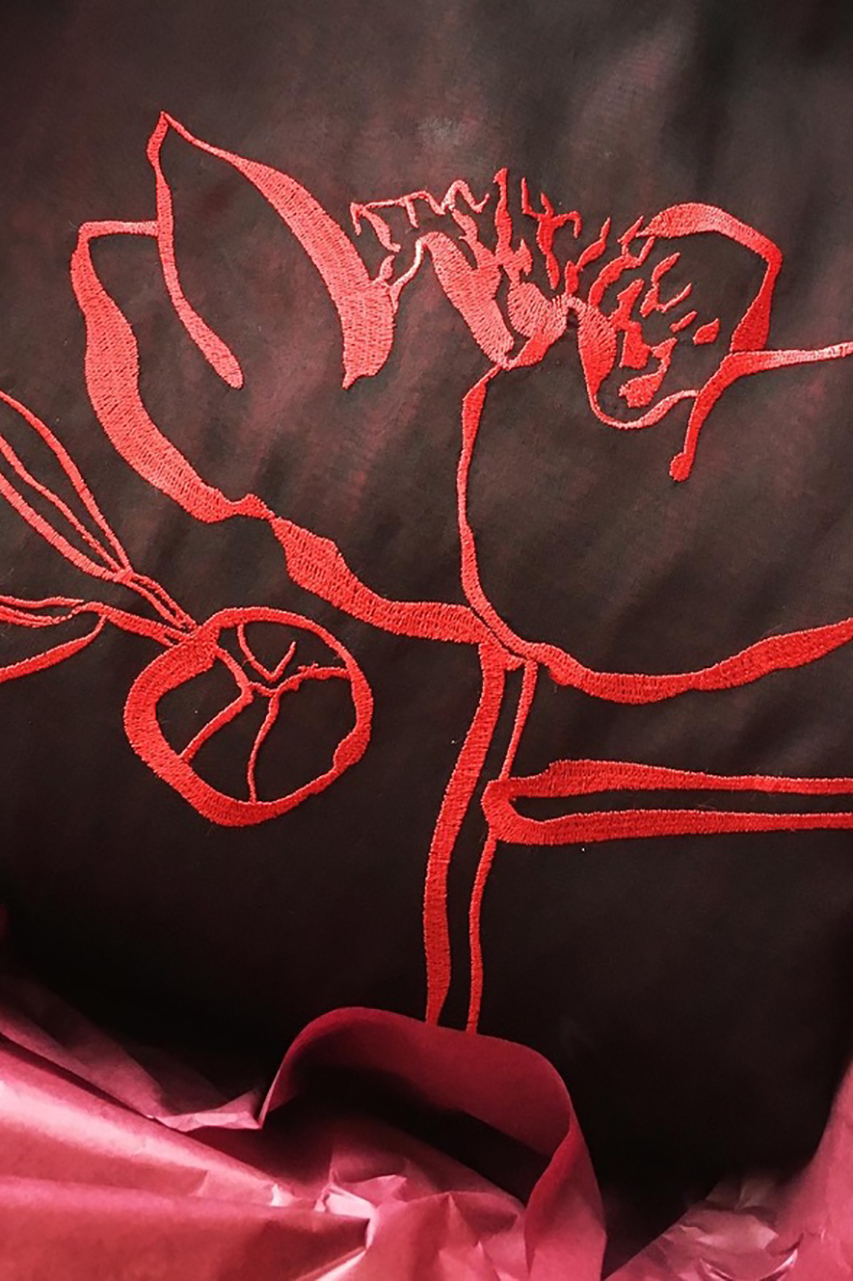 Baumwoll-Kimono, reversibel, mit grosser Feder Stickerei